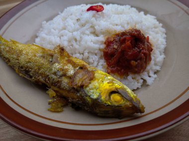 Beyaz pirinç. Lezzetli sütçü balığı ve domates sosu.