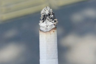 Üzerinde kül olan yanmış bir sigaranın yakın plan görüntüsü bulanık bir arka plan..