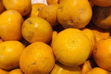 Parlak ışık altında lekeli derileri olan olgun portakallar..