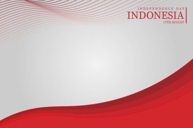 Endonezya Bağımsızlık Günü için modern bir soyut arka plan tasarımı, kırmızı ve beyaz tonlarında bir dalga eğrisi içeriyor. Tasarım metin veya diğer elementler için boşluk içerir.