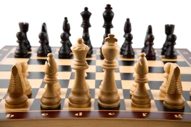 Dama, piyon, at, kale, fil, vezir ve papaz olan klasik satranç tahtası, siyah ve beyaz renkler. Fikirler, rekabet ve strateji için satranç tahtası oyunu, iş başarısı konsepti.                               