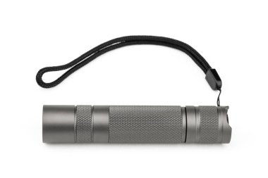 Modern aluminum LED Pocket Flashlight isolated on white background. 