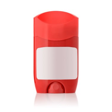 Bottle of deodorant isolated on white background. Red bottle with blue deodorant gel for men