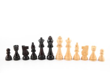 Dama, piyon, at, kale, fil, vezir ve papaz olan klasik satranç tahtası, siyah ve beyaz renkler. Fikirler, rekabet ve strateji için satranç tahtası oyunu, iş başarısı konsepti.