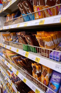 Ukraine, Dnipropetrovsk. 06.05.2021 Shop window with a variety of chocolates