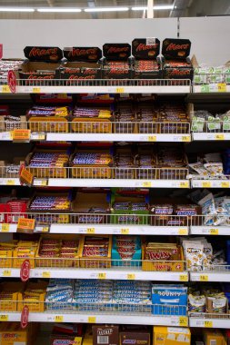 Ukraine, Dnipropetrovsk. 06.05.2021 Shop window with a variety of chocolates