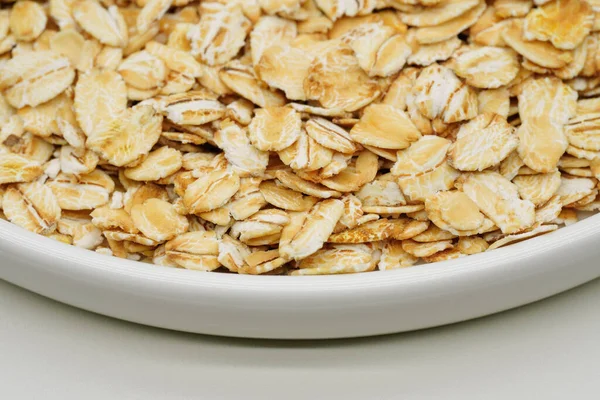 Uncooked Oatmeal Flakes Texture Close Pile Uncooked Rolled Oats Oatmeal — Stock Photo, Image