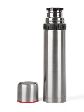 Metal thermos close-up, isolated on a white background. Thermos bottle metal on white background isolation. 