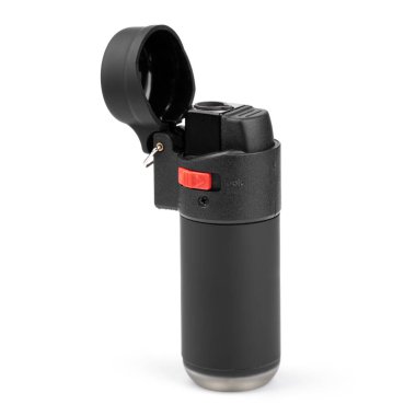 Black metal lighter isolated on white background with clipping path. Plastic lighter. Blank gas cigar-lighter mockup element.