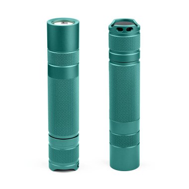 Modern aluminum LED Pocket Flashlight isolated on white background. 