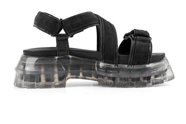 Sandalias Cuero Negro Con Suelas Transparentes Elegante Elegante Diseñador Moda —  Fotos de Stock