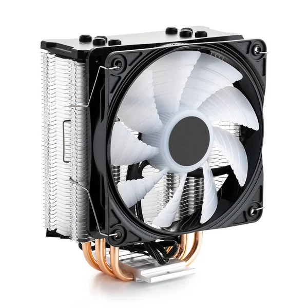 Cooler computer fan isolated on white. Active CPU cooler with large finned heatsink, fan, copper heat pipes and thermal pad, two coolers with aluminum finned heatsinks and fans on a white background