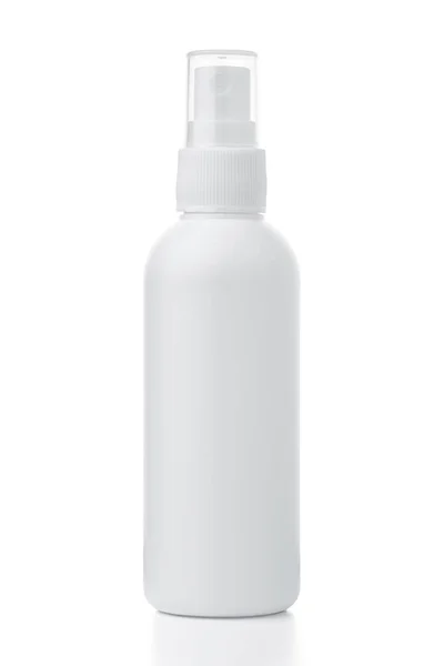 Plastica Pulita Tre Bottiglie Vuote Con Pompa Erogatore Sfondo Bianco — Foto Stock