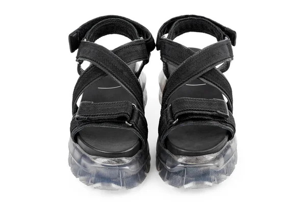 Şeffaf Tabanlı Siyah Deri Sandaletler Şık Şık Modaya Uygun Deri — Stok fotoğraf