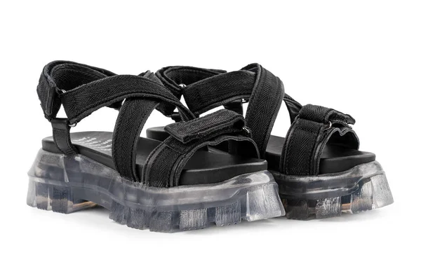 Sandalias Cuero Negro Con Suelas Transparentes Elegante Elegante Diseñador Moda —  Fotos de Stock