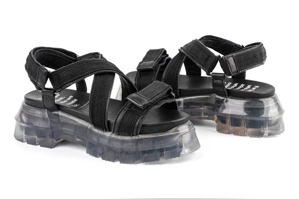 Sandalias Cuero Negro Con Suelas Transparentes Elegante Elegante Diseñador Moda — Foto de Stock