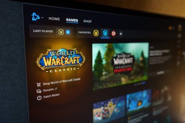 Dnipro, Ukrayna - 25 Temmuz 2023: World of Warcraft logosunu Battle.net uygulamasında kapatın. Blizzard Battle.net, Blizzard tarafından geliştirilen çevrimiçi oyun platformudur..