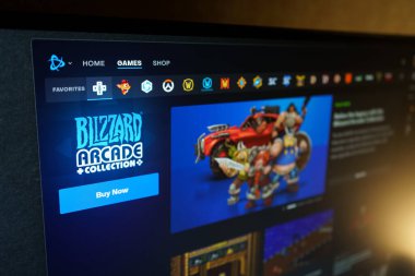 Dnipro, Ukrayna - 25 Temmuz 2023: Battle.net uygulamasındaki Blizzard Arcade Collection logosunu kapatın. Blizzard Battle.net, Blizzard tarafından geliştirilen çevrimiçi oyun platformudur..