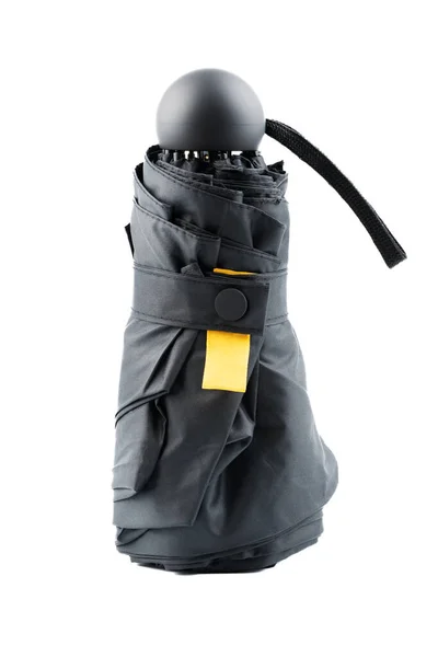 Fekete Összecsukható Esernyő Elszigetelt Fehér Háttér Kompakt Hajtogatott Fekete Esernyő — Stock Fotó