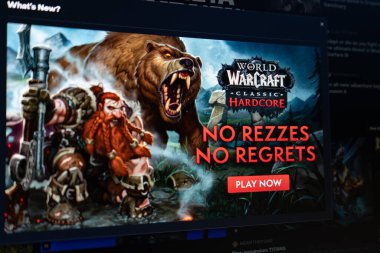 Dnipro, Ukrayna - 23 Ağustos 2023: World of Warcraft lassic Hardcore logosunu Battle.net uygulamasında kapatın. Blizzard Battle.net, Blizzard tarafından geliştirilen çevrimiçi oyun platformudur..