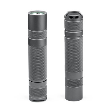 Modern aluminum LED Pocket Flashlight isolated on white background.