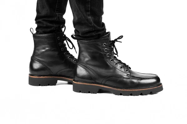 Pair Black Leather Boots Dress Boots Men Men Ankle High Rechtenvrije Stockafbeeldingen