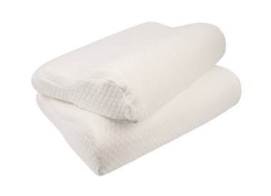 Beyaz arka planda ortopedik yastık. Fizyoterapi konsepti. Yumuşak ve rahat yastık. Ortopedik yastık, hafıza köpüğü. Beyaz arka planda bütün gece rahat uyumanı sağlayan yatak..