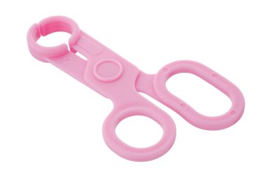 Çocukların eğitici oyuncakları, tıbbi aletler, beyaz arka planda plastik makas. Yerleştirilmiş çocuklar için eğitici bir oyuncak 