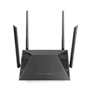 Siyah kablosuz internet yönlendirici beyaz arkaplanda izole edildi. Kablosuz kablosuz kablosuz kablosuz yönlendirici beyazda izole edildi. Fiber Optik İnternet. Ağ kabloları bir yönlendiriciye bağlı, hız testi konseptine.