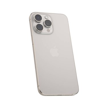 Dnipro, Ukrayna - 09.12, 2023: Yeni Apple iPhone 15 Pro Max Natural Titanium 'un beyaz arka planda stüdyo çekimi. iPhone 2G, iPhone özgün 