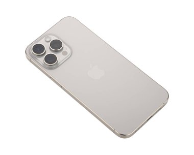 Dnipro, Ukrayna - 12 Eylül 2023: Yeni Apple iPhone 15 Pro Max Natural Titanium 'un beyaz arka planda stüdyo çekimi. Mockup iPhone 15 Pro Max seti.