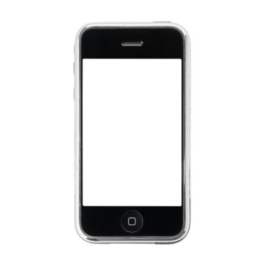 Dnepr, Ukrayna - 12.09.2023: Beyaz zemin üzerinde eski bir Apple iPhone 1 'in stüdyo çekimi.