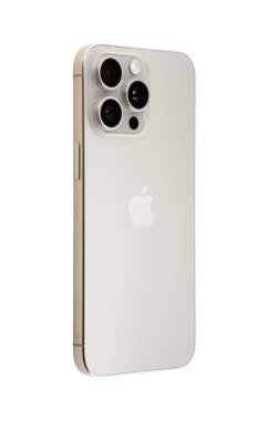 Dnipro, Ukraine - September 12, 2023: Studio shot of new Apple iPhone 15 Pro Max Natural Titanium on a white background. Mockup iPhone 15 Pro Max set with back. clipart