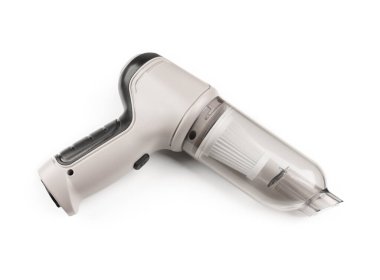 Elde tutulan bir elektrikli süpürge. Küçük taşınabilir elektrikli süpürge, beyaz arkaplanda izole edilmiş.