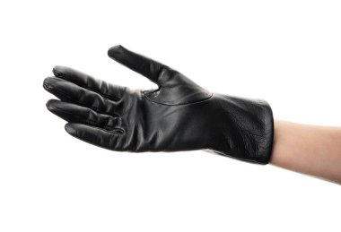 Beyaz tenli siyah deri kadın eldivenleri. Siyah deri eldivenli, beyaz tenli kadınların elleri..