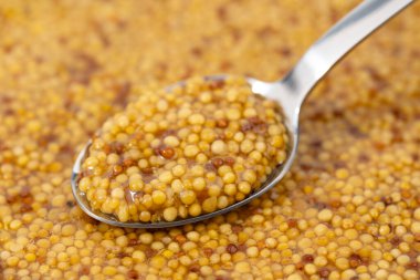 Metal kaşıkta Fransız Dijon hardalı, hardal taneciklerinin arka planda üst görünümü. Gastronomi konsepti, organik gıda. Sos. Çemberde yavaş döndürme.