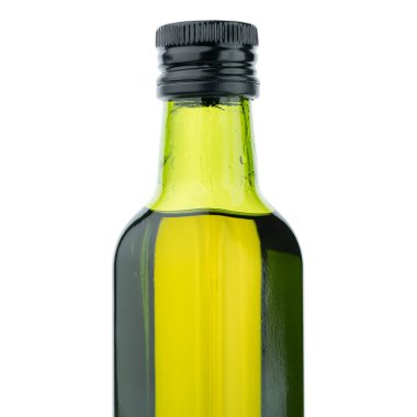 Beyaz arka planda izole edilmiş küçük yeşil cam şişede zeytin yağı. Zeytin. Yağ. Sağlıklı yemek..