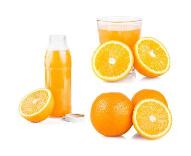 Bir dizi kompozisyon portakal suyu. Ayrı bir içki. Bir bardak portakal suyu, taze portakal suyu ve dilimlenmiş..