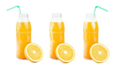 Bir dizi kompozisyon portakal suyu. Ayrı bir içki. Bir bardak portakal suyu, taze portakal suyu ve dilimlenmiş..