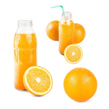 Bir dizi kompozisyon portakal suyu. Ayrı bir içki. Bir bardak portakal suyu, taze portakal suyu ve dilimlenmiş..