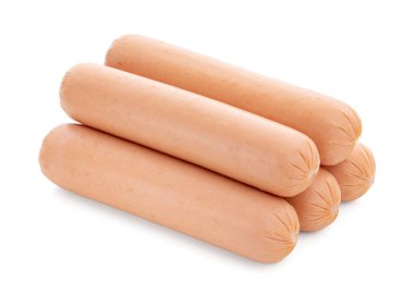 Beyaz arka planda taze çiğ sosisler. Et ürünleri. Sosis. Yarı bitmiş ürünler.