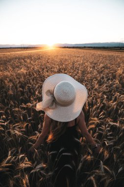 Back view of a young woman in a straw hat walking towards the sun in a wheat field 