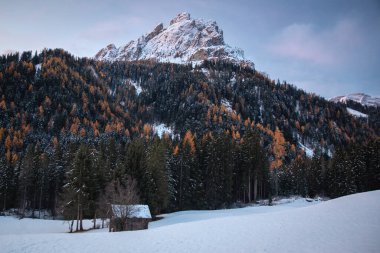 Dağlardaki ahşap evin kış manzarası 