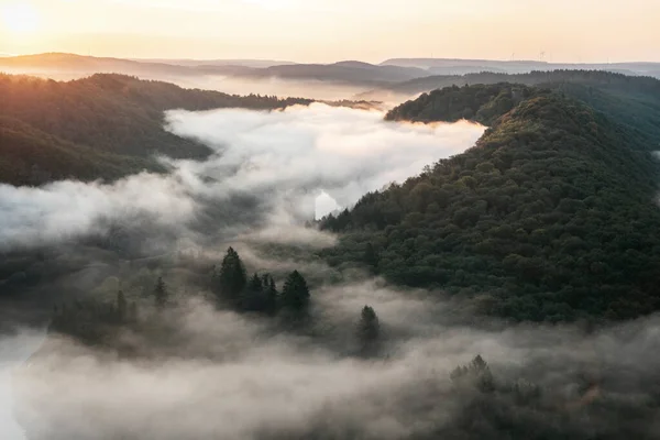Vista Manhã Nevoeiro Rio Saarschleife Saarland Alemanha — Fotografia de Stock