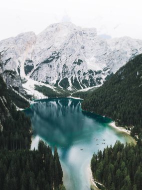 Aerial view of Lago di Braies Lake in italian Dolomites mountains in northern Italy