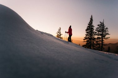Hiker woman with walking poles enjoying the majestic sunset during winter at Hasmas mountains, Transylvania, Romania. Outdoor, Adventure concept