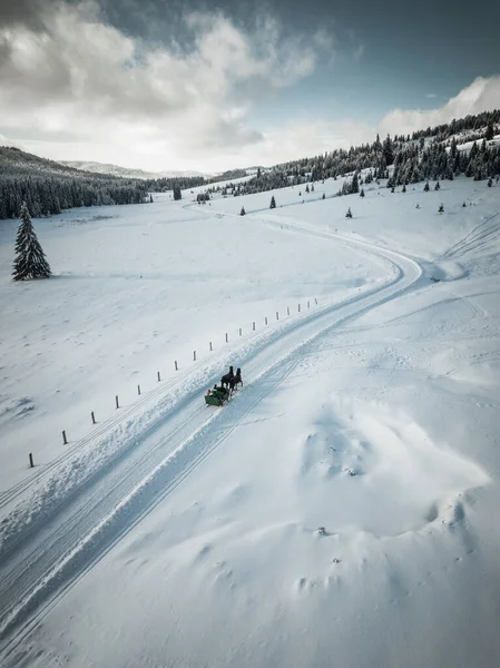 Horses pulling sleigh in winter, captured from above with drone in Transylvania, Romania