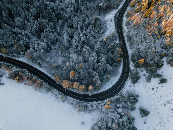 Aerial view of winding road from high mountain pass with snow covered trees in Transylvania, Romania. Nature travel concept.