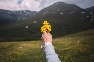 Elinde sarı bir kova yabani çiçek tutan kız