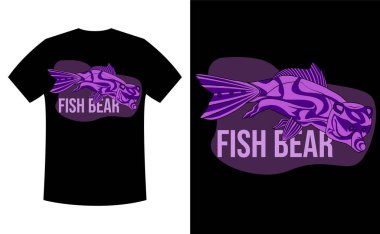 Eşsiz balık ayı tişörtü tasarımı. Balık ve ayı karışımı. vektör, illüstrasyon, tişört.